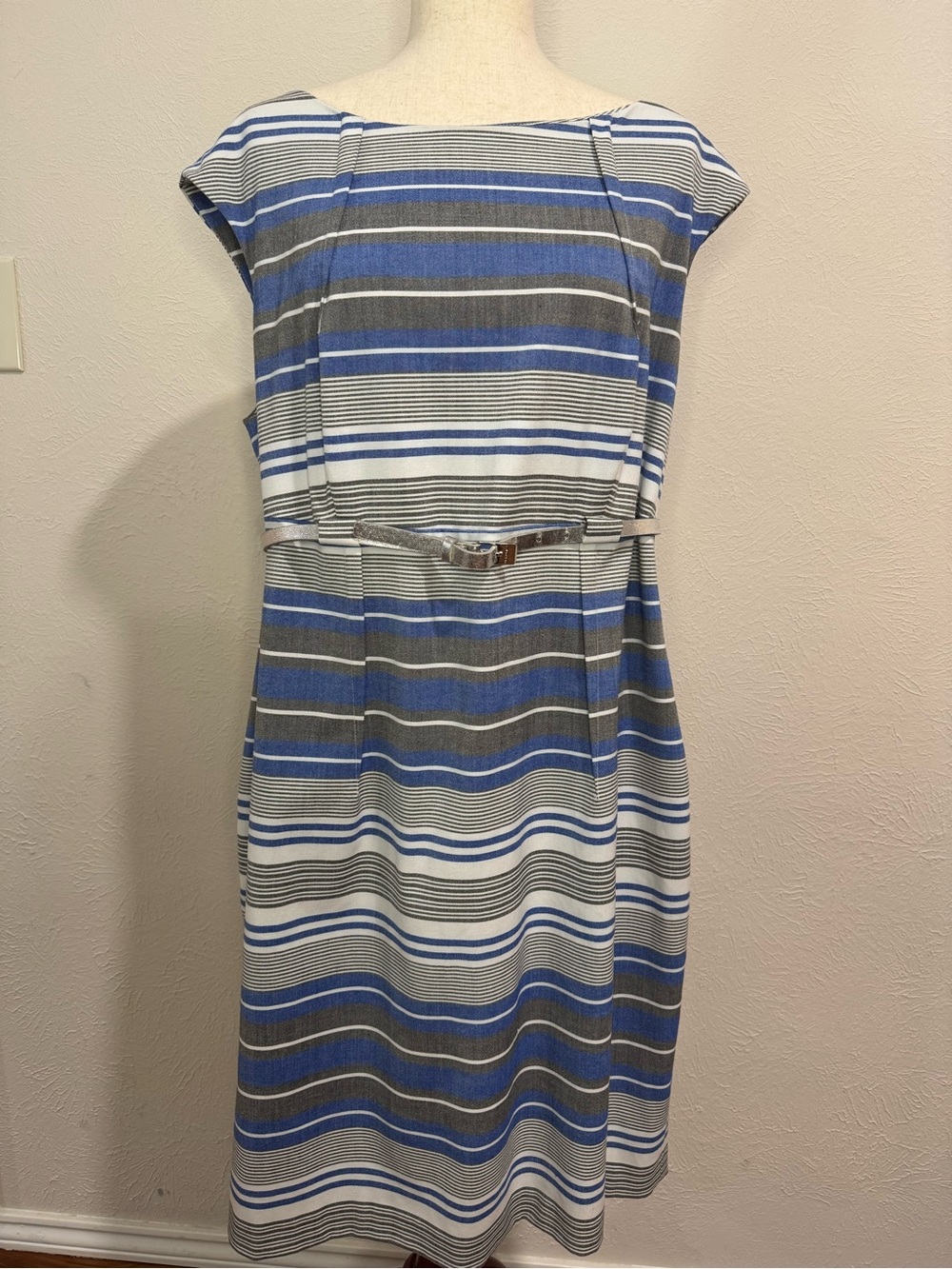 Calvin Klein Blue, White & Gray Striped Midi Dress with Metallic Belt. Size 16W